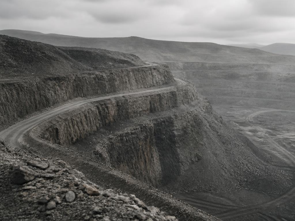 Open-pit mine benches under overcast light
