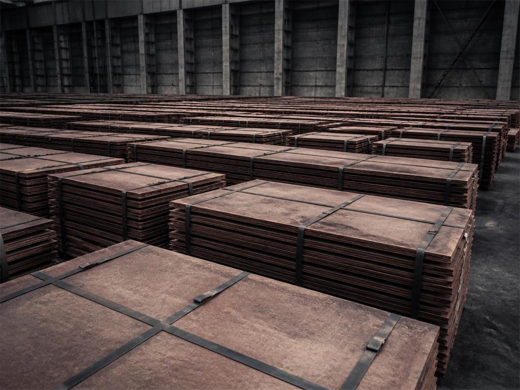 Stacked copper cathode sheets in a warehouse