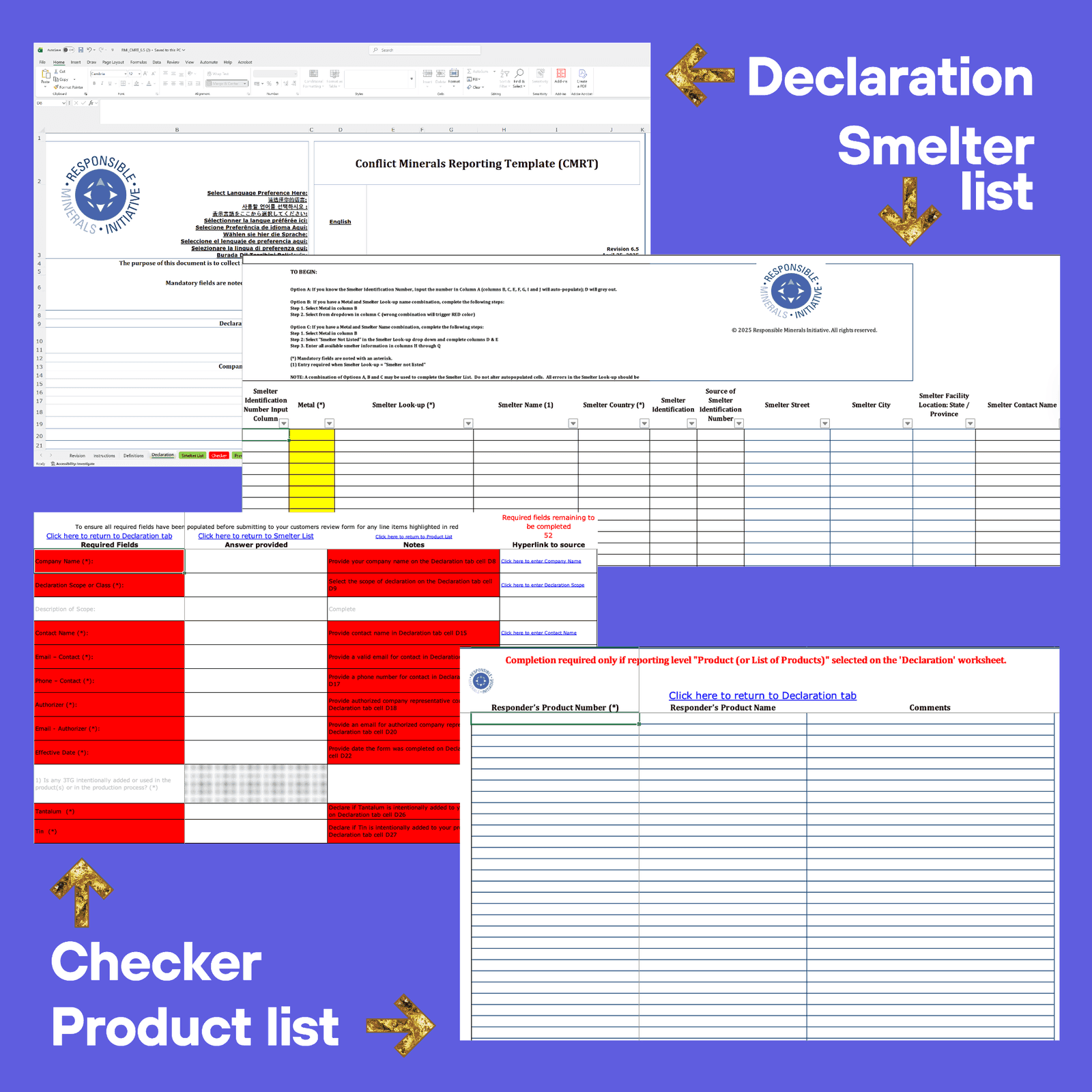 CMRT version 6.5: Declaration, Smelter list, Checker, Product list